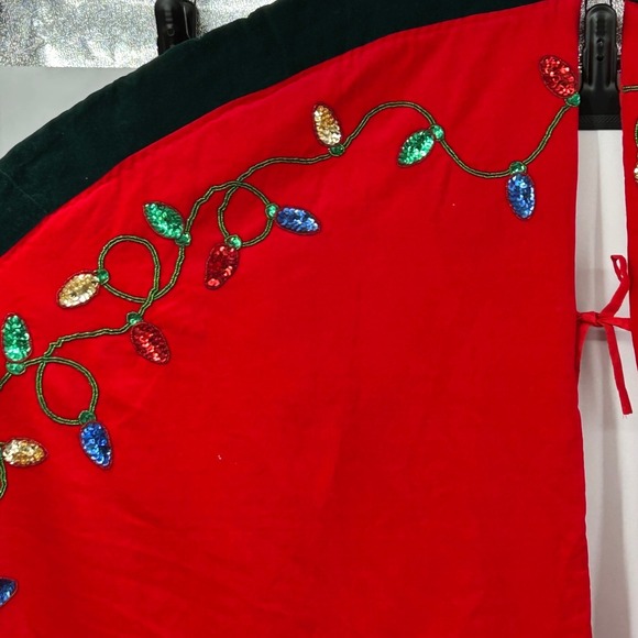 Vintage Christmas Tree Skirt Red Velvet Sequin Lights Tree Ornament Star 56 " - Picture 6 of 13